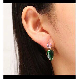 Pink green earring small light pink dark Green crystal teardrop green earrings